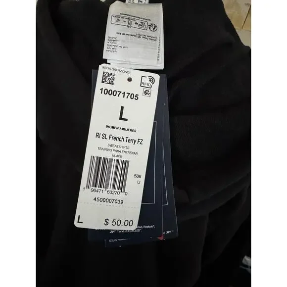 NWT REEBOK Women's Logo Drawstring Hoody Fleece Full Zip | Black | LARGE - Picture 5 of 6